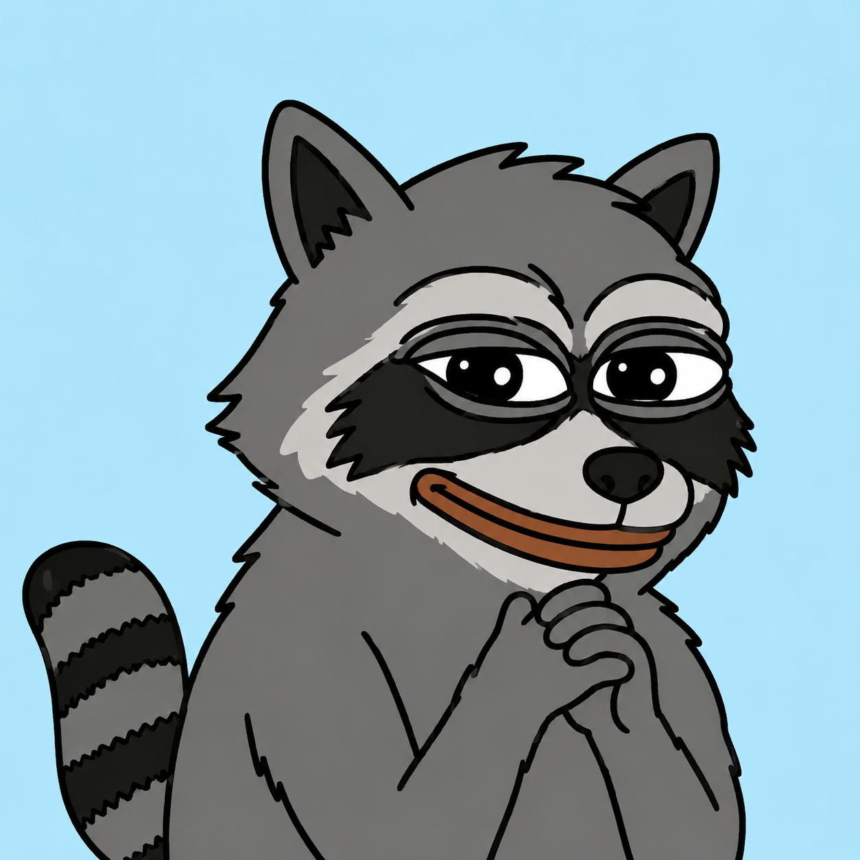 Bongo the Raccoon, a hand-drawn cartoon raccoon smirking with his paws together